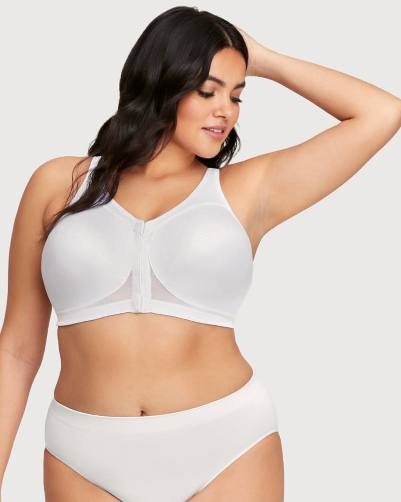 Front of a model wearing a size 46B MagicLift Front-Closure Posture Back Bra Band | 46 in White by Glamorise. | dia_product_style_image_id:262939
